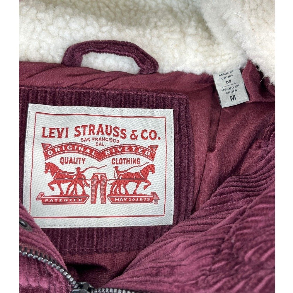 Levi Strauss Corduroy Puffer Jacket Mens Medium Burgundy Hooded Sherpa LM2RC416 - Picture 4 of 8
